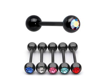 Штанга для языка с черным PVD покрытием и стразом